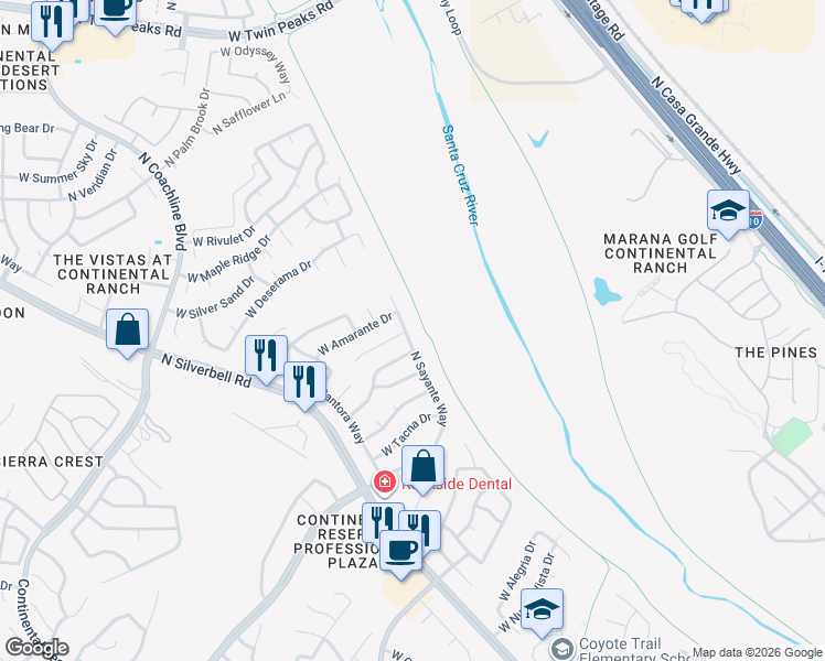 map of restaurants, bars, coffee shops, grocery stores, and more near 8652 North Sayante Way in Tucson