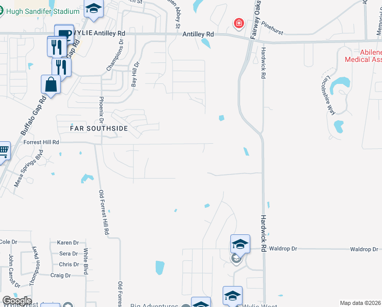 map of restaurants, bars, coffee shops, grocery stores, and more near 7128 Hardwick Road in Abilene