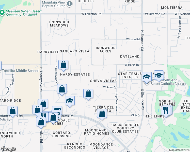 map of restaurants, bars, coffee shops, grocery stores, and more near 8674 North Frampton Place in Tucson