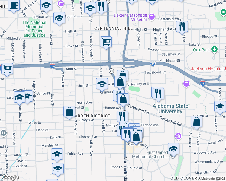 map of restaurants, bars, coffee shops, grocery stores, and more near 461 Cramer Avenue in Montgomery