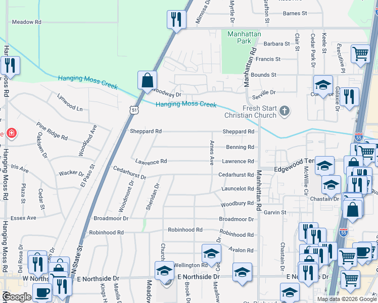 map of restaurants, bars, coffee shops, grocery stores, and more near 417 Lawrence Road in Jackson