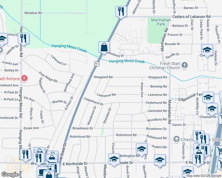 map of restaurants, bars, coffee shops, grocery stores, and more near 324 Lawrence Road in Jackson