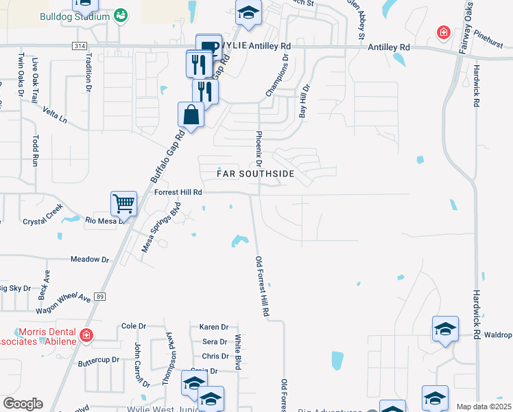 map of restaurants, bars, coffee shops, grocery stores, and more near 6926 Forrest Hill Road in Abilene