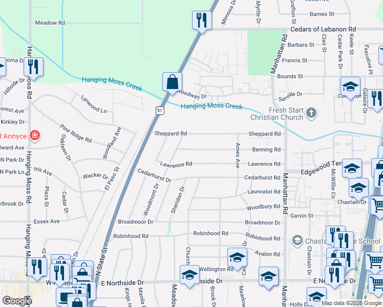 map of restaurants, bars, coffee shops, grocery stores, and more near 324 Lawrence Road in Jackson