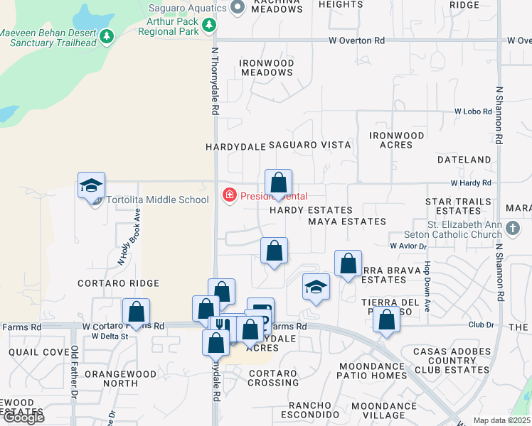 map of restaurants, bars, coffee shops, grocery stores, and more near 3637 West Sundial Place in Tucson