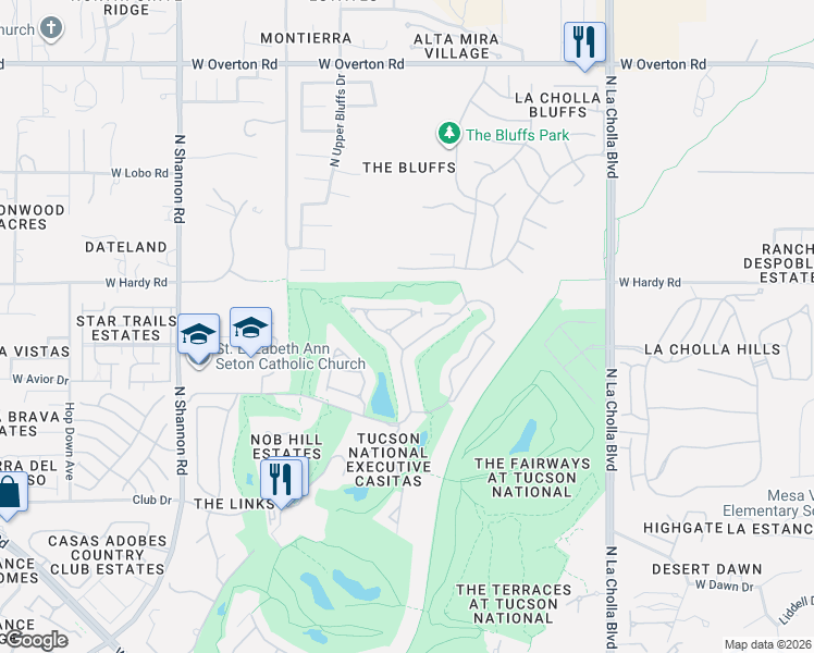 map of restaurants, bars, coffee shops, grocery stores, and more near 2480 West Tom Watson Drive in Tucson