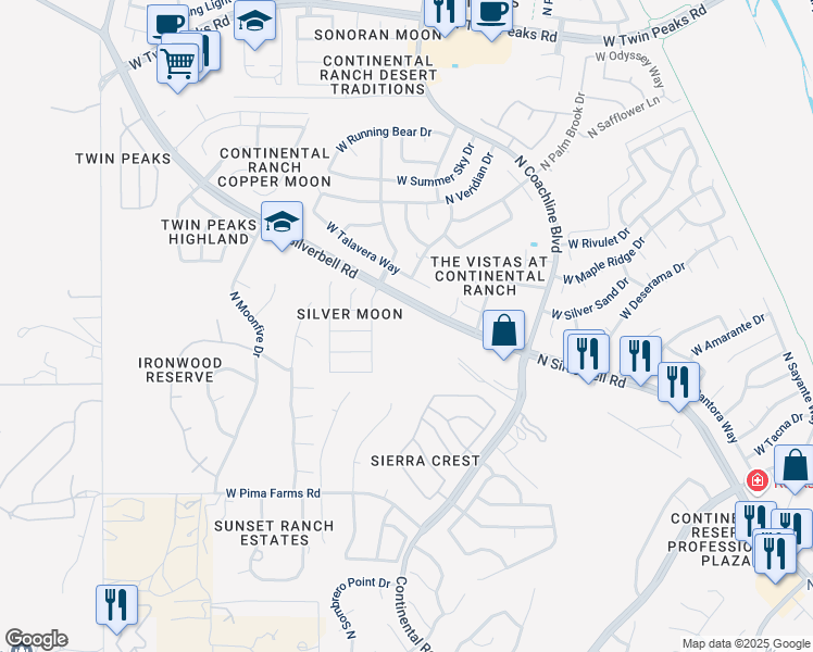 map of restaurants, bars, coffee shops, grocery stores, and more near 7593 West Talavera Way in Tucson