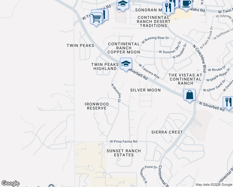 map of restaurants, bars, coffee shops, grocery stores, and more near 8744-8750 North Hidden Washington Court in Tucson