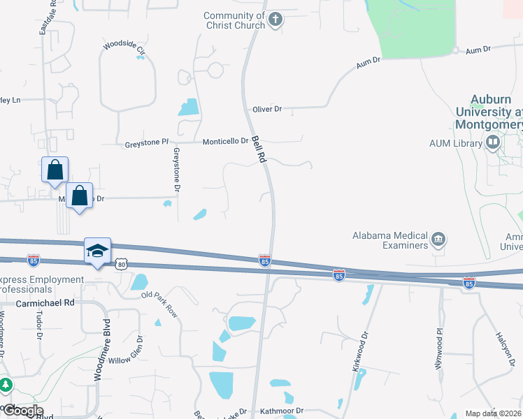map of restaurants, bars, coffee shops, grocery stores, and more near 6225 Hunters Grove in Montgomery