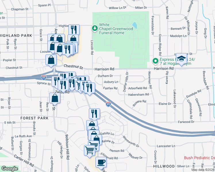 map of restaurants, bars, coffee shops, grocery stores, and more near 3205 Asbury Lane in Montgomery