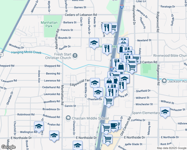 map of restaurants, bars, coffee shops, grocery stores, and more near 220 Edgewood Terrace Drive in Jackson