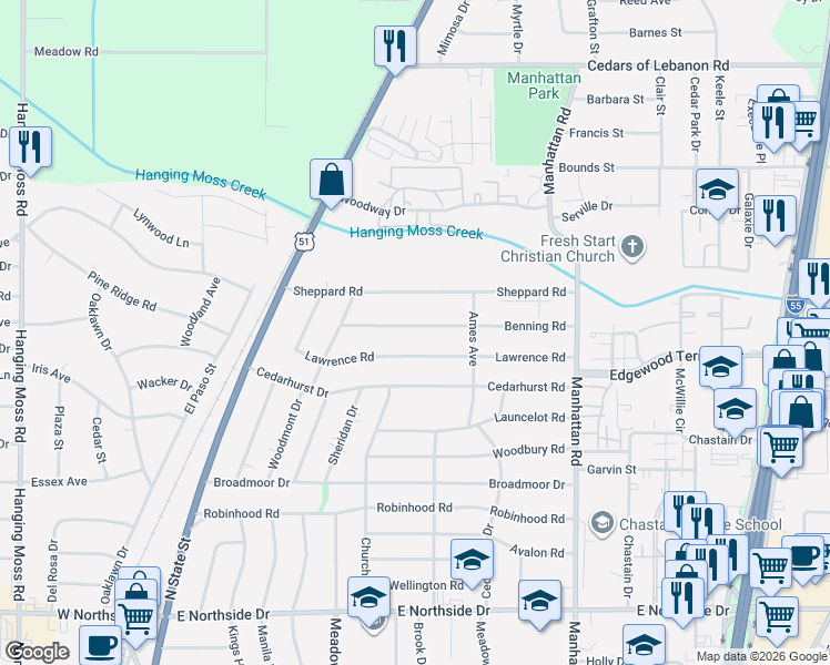 map of restaurants, bars, coffee shops, grocery stores, and more near 538 Benning Road in Jackson