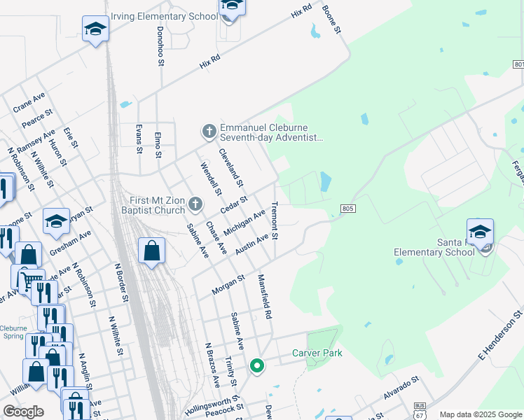 map of restaurants, bars, coffee shops, grocery stores, and more near 310 Eastland Street in Cleburne