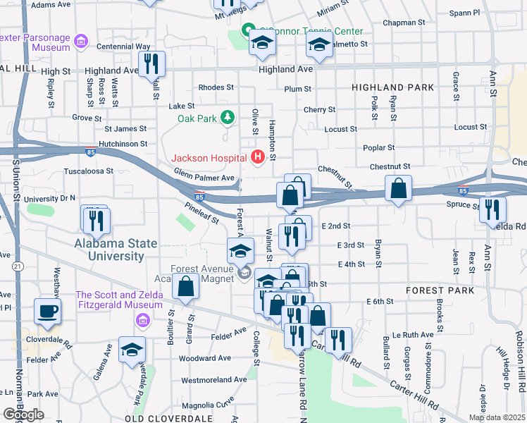 map of restaurants, bars, coffee shops, grocery stores, and more near 1731 West 2nd Street in Montgomery