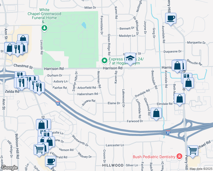 map of restaurants, bars, coffee shops, grocery stores, and more near 1118 Lombard Drive in Montgomery