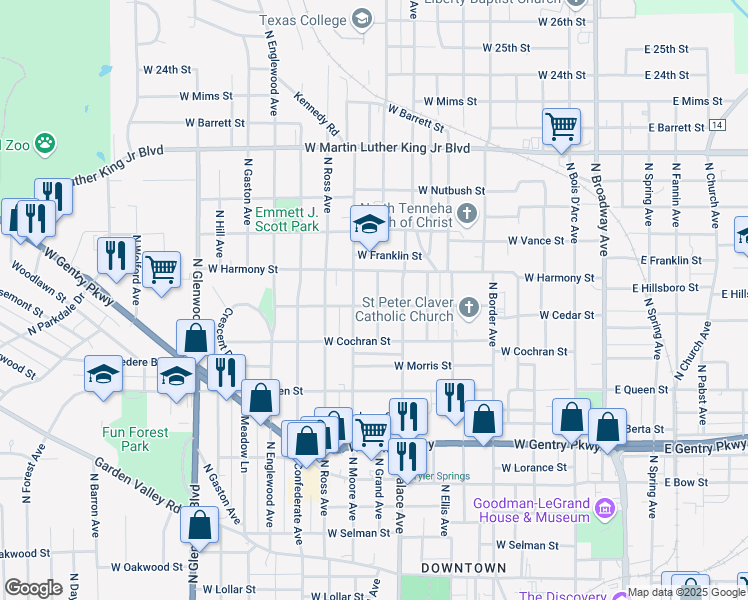 map of restaurants, bars, coffee shops, grocery stores, and more near 1514 North Grand Avenue in Tyler
