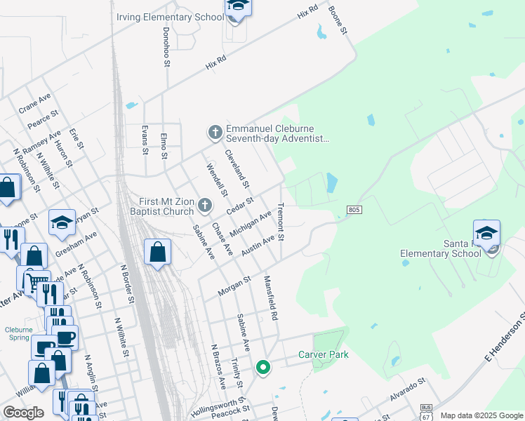 map of restaurants, bars, coffee shops, grocery stores, and more near 310 Eastland Street in Cleburne