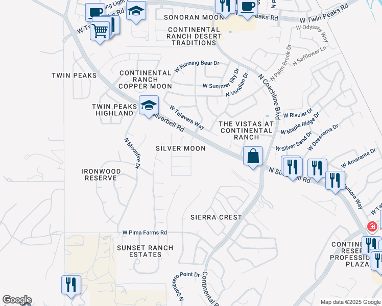 map of restaurants, bars, coffee shops, grocery stores, and more near 8705 North Silver Moon Way in Tucson