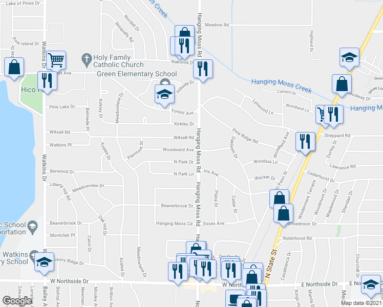 map of restaurants, bars, coffee shops, grocery stores, and more near 4527 Hanging Moss Road in Jackson