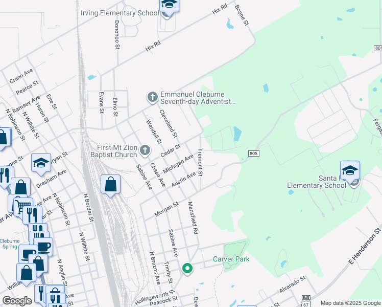 map of restaurants, bars, coffee shops, grocery stores, and more near 310 Eastland Street in Cleburne