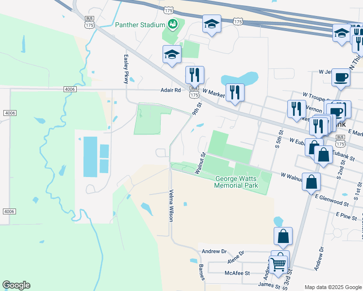 map of restaurants, bars, coffee shops, grocery stores, and more near 211 South 9th Street in Mabank