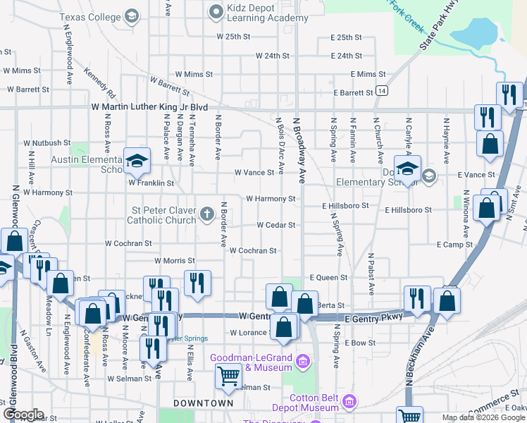 map of restaurants, bars, coffee shops, grocery stores, and more near 1507 North Pegues Avenue in Tyler