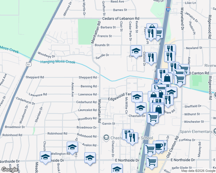 map of restaurants, bars, coffee shops, grocery stores, and more near 23 Autumn Park in Jackson