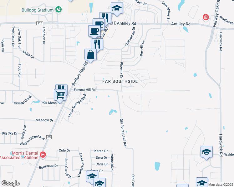 map of restaurants, bars, coffee shops, grocery stores, and more near 6926 Forrest Hill Road in Abilene