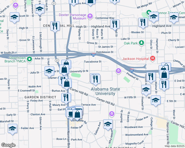 map of restaurants, bars, coffee shops, grocery stores, and more near 915 South Jackson Street in Montgomery