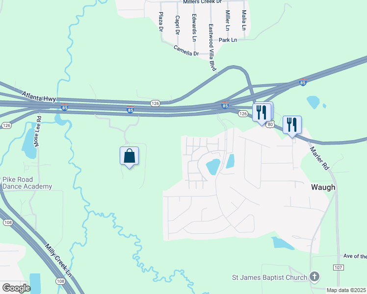 map of restaurants, bars, coffee shops, grocery stores, and more near 160 Stone Park Boulevard in Pike Road