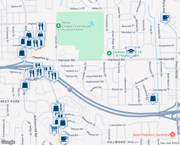 map of restaurants, bars, coffee shops, grocery stores, and more near 3333 Loch Haven Road in Montgomery