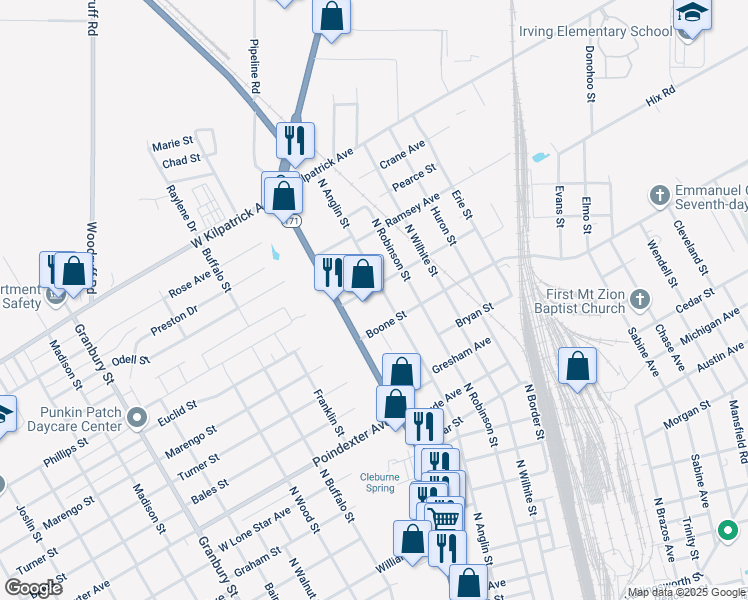 map of restaurants, bars, coffee shops, grocery stores, and more near 118 Batterson Street in Cleburne