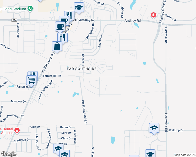 map of restaurants, bars, coffee shops, grocery stores, and more near 19 Mission Hills in Abilene