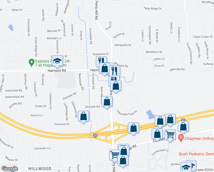 map of restaurants, bars, coffee shops, grocery stores, and more near 1007 Beth Manor Drive in Montgomery