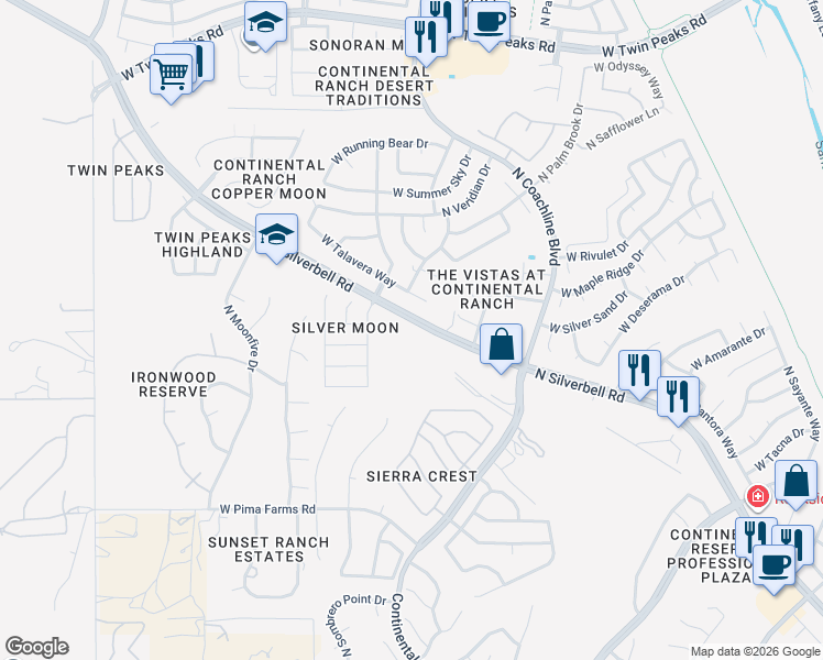 map of restaurants, bars, coffee shops, grocery stores, and more near 7593 West Talavera Way in Tucson