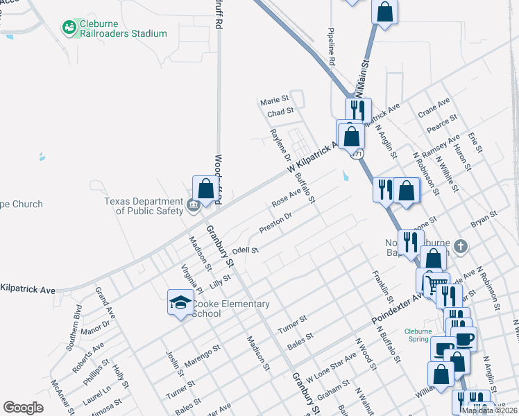 map of restaurants, bars, coffee shops, grocery stores, and more near 201-557 West Kilpatrick Street in Cleburne