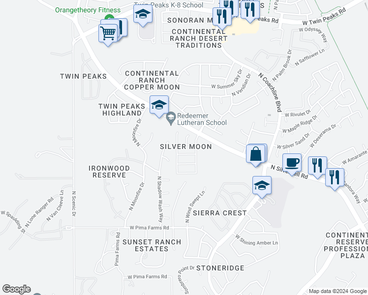 map of restaurants, bars, coffee shops, grocery stores, and more near 7757 West New Moon Way in Tucson