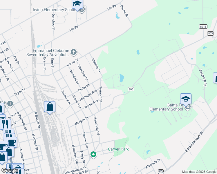 map of restaurants, bars, coffee shops, grocery stores, and more near 208 Tremont Street in Cleburne