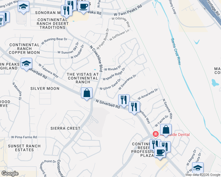 map of restaurants, bars, coffee shops, grocery stores, and more near 7271 West Silver Sand Drive in Tucson