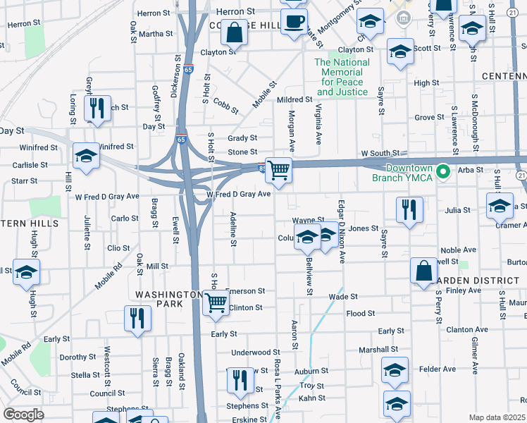 map of restaurants, bars, coffee shops, grocery stores, and more near 618 Bullock Street in Montgomery
