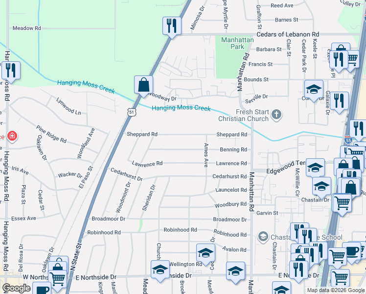map of restaurants, bars, coffee shops, grocery stores, and more near 538 Benning Road in Jackson