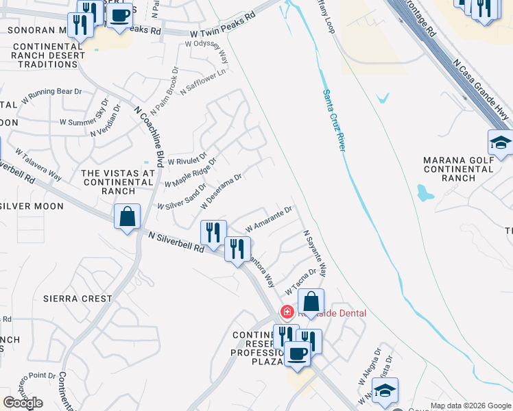 map of restaurants, bars, coffee shops, grocery stores, and more near 8740 North Covina Way in Tucson