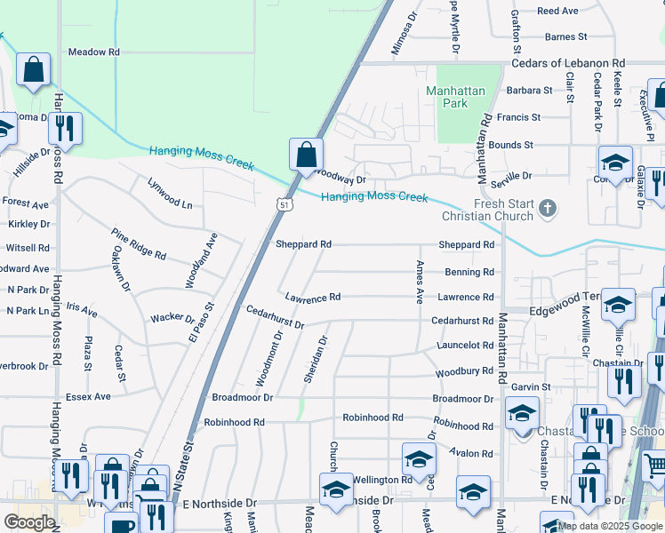 map of restaurants, bars, coffee shops, grocery stores, and more near 428 Benning Road in Jackson
