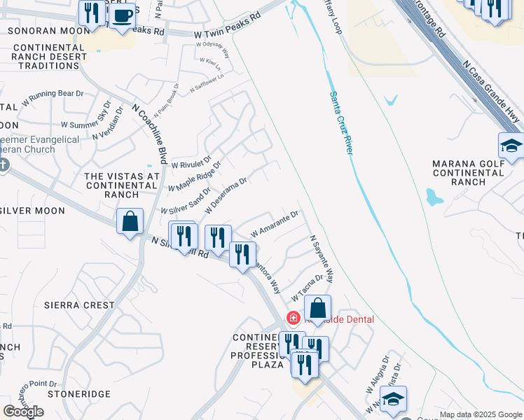 map of restaurants, bars, coffee shops, grocery stores, and more near 7078 West Hunnington Drive in Tucson