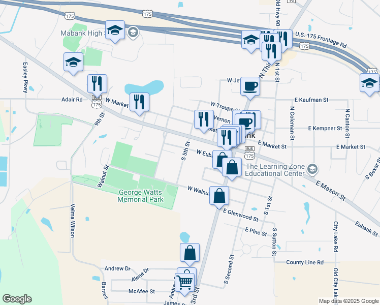 map of restaurants, bars, coffee shops, grocery stores, and more near 221 West Eubank Street in Mabank