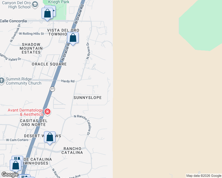 map of restaurants, bars, coffee shops, grocery stores, and more near 8730 North Glenhurst Place in Tucson