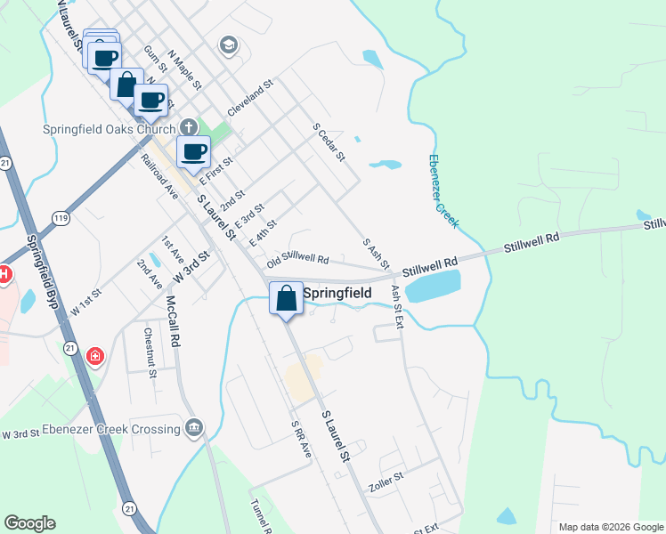 map of restaurants, bars, coffee shops, grocery stores, and more near 121 Old Stillwell Road in Springfield