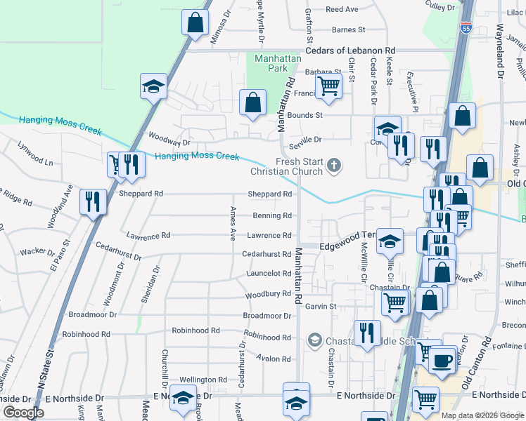 map of restaurants, bars, coffee shops, grocery stores, and more near 742 Benning Road in Jackson