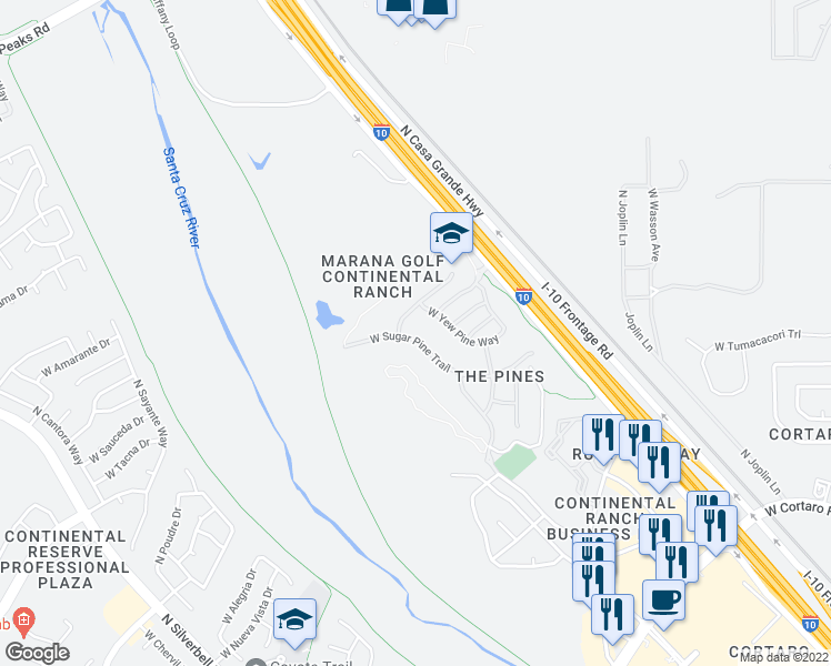 map of restaurants, bars, coffee shops, grocery stores, and more near 6440 West Sugar Pine Trail in Tucson