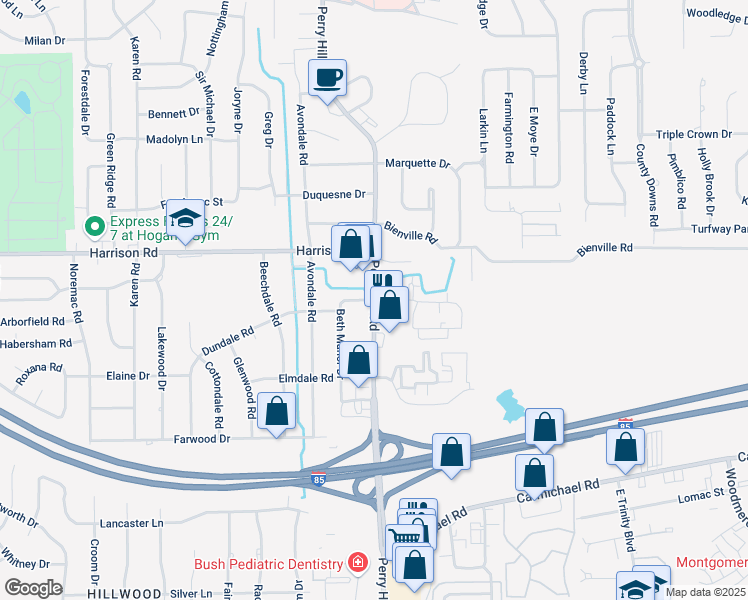 map of restaurants, bars, coffee shops, grocery stores, and more near Perry Hill Rd & Beth Manor Dr in Montgomery